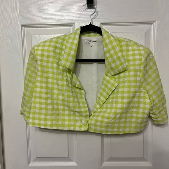 FOR LOVE & LEMONS maureen cropped gingham blazer top large , green white - Picture 4 of 10